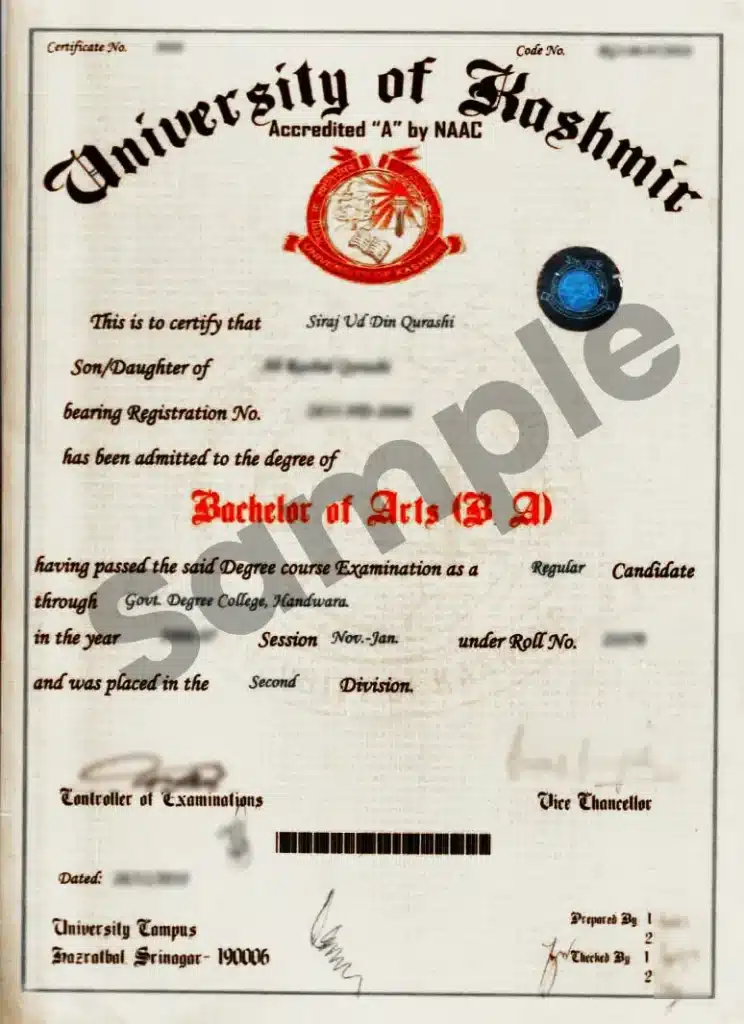 Kashmir University sample Degree